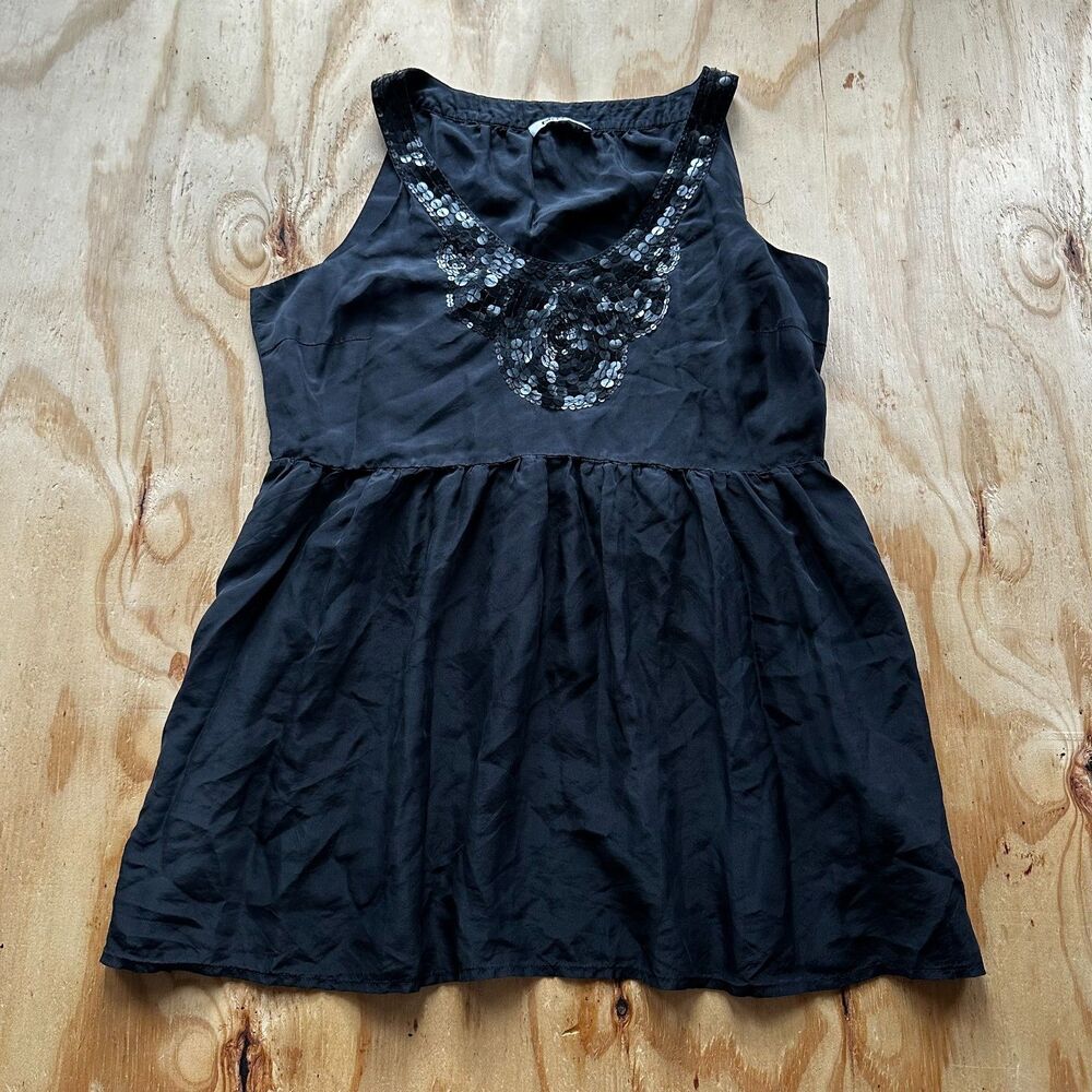 DKNYC Black 100% Silk Sequin Babydoll Mini Dress